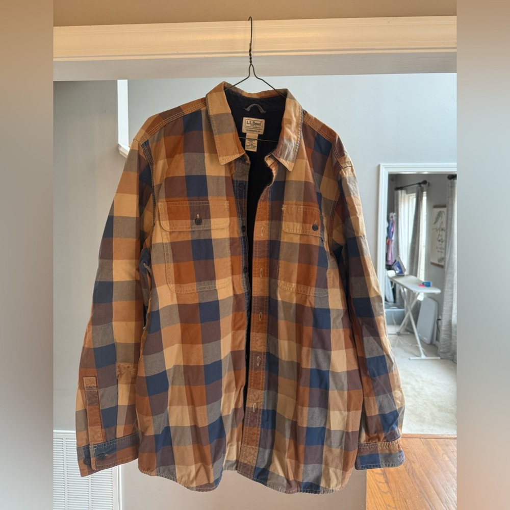Men's LL Bean Flannel Lined Hurricane Shirt Jacket 505654 Sz L Brown/Blue‎ Plaid